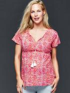 Gap Ikat Split Neck Tassel Top - Coral Pink/ikat Print