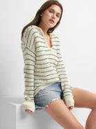 Gap Women Stripe Textured Pullover Hoodie - White Stripe