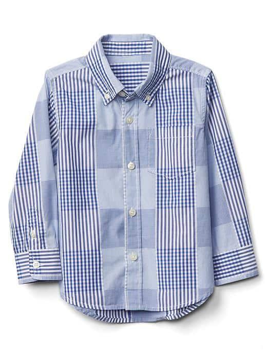 Gap Patchwork Plaid Button Down Shirt - Cabana Blue