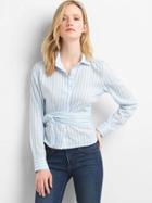 Gap Women Stripe Wrap Tie Crop Shirt - Light Blue Stripe