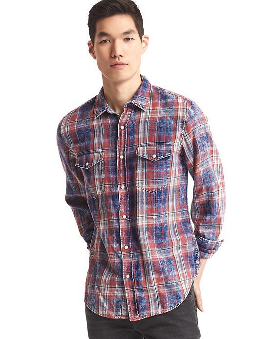 Gap Men 1969 Denim Plaid Western Slim Fit Shirt - Red Plaid