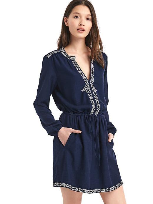 Gap Embroidered Split Neck Dress - Dark Night