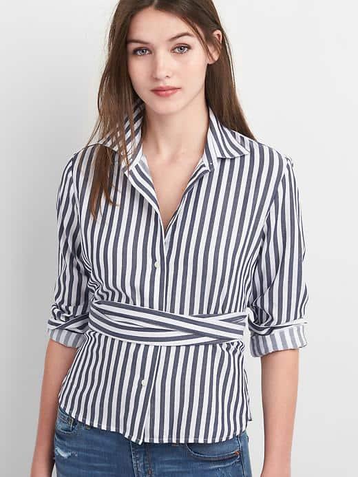 Gap Women Stripe Wrap Tie Crop Shirt - Navy Stripe