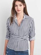 Gap Women Stripe Wrap Tie Crop Shirt - Navy Stripe