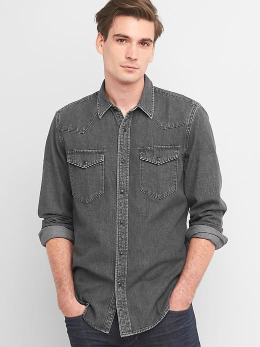 Gap Men Lightweight Denim Slim Fit Western Shirt - Grey Wash