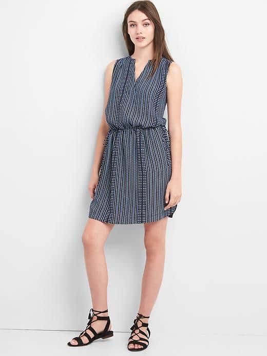 Gap Women Sleeveless Tie Waist Shirtdress - Black Print
