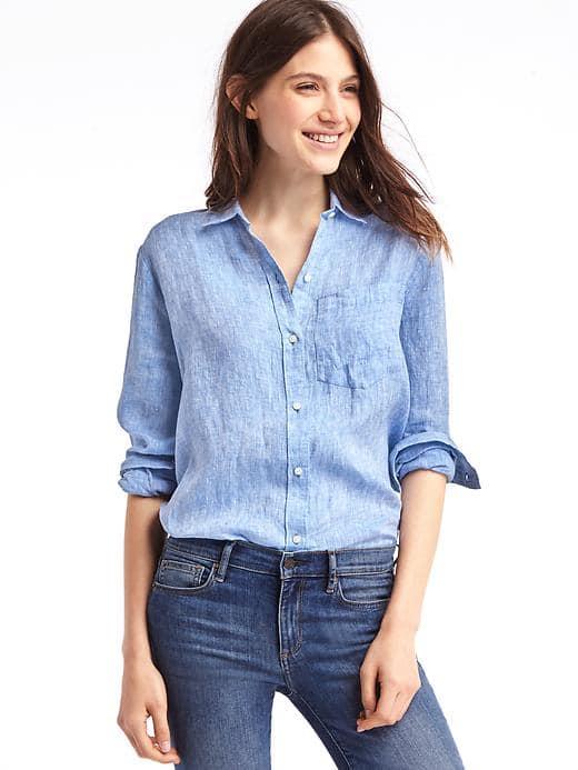 Gap Women Linen Oversize Boyfriend Shirt - Light Blue