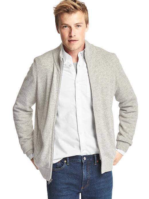 Gap Men Merino Wool Blend Mockneck Zip Sweater - Light Grey Marle