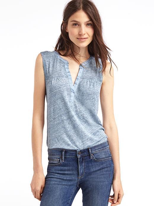 Gap Women Linen Split Neck Tank - Blue Heather