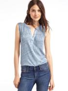 Gap Women Linen Split Neck Tank - Blue Heather