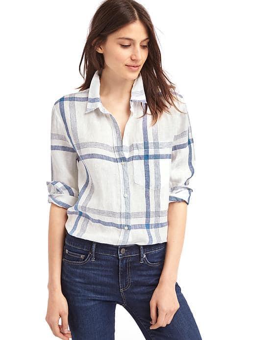 Gap Women Linen Oversize Boyfriend Shirt - Navy Plaid