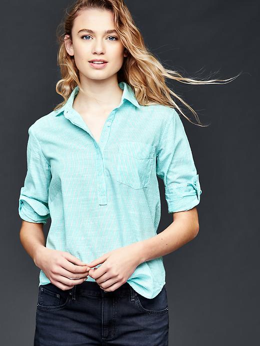 Gap Women Fine Stripe Henley - Aqua Tide