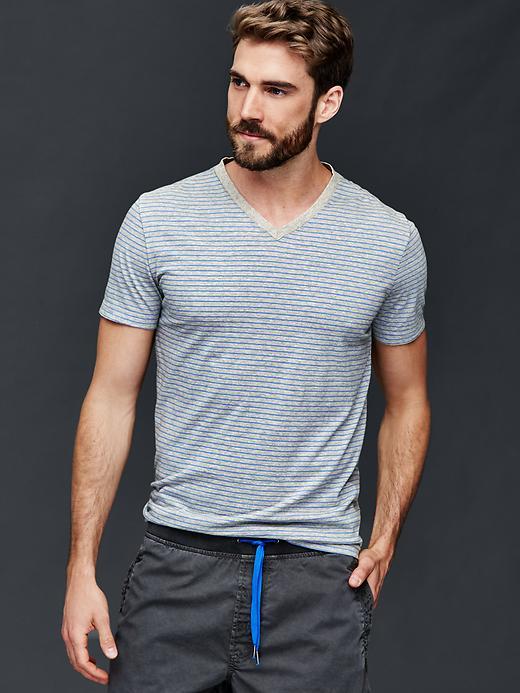 Gap Men Vintage Wash Heathered Stripe V Neck T Shirt - Blue Stripe