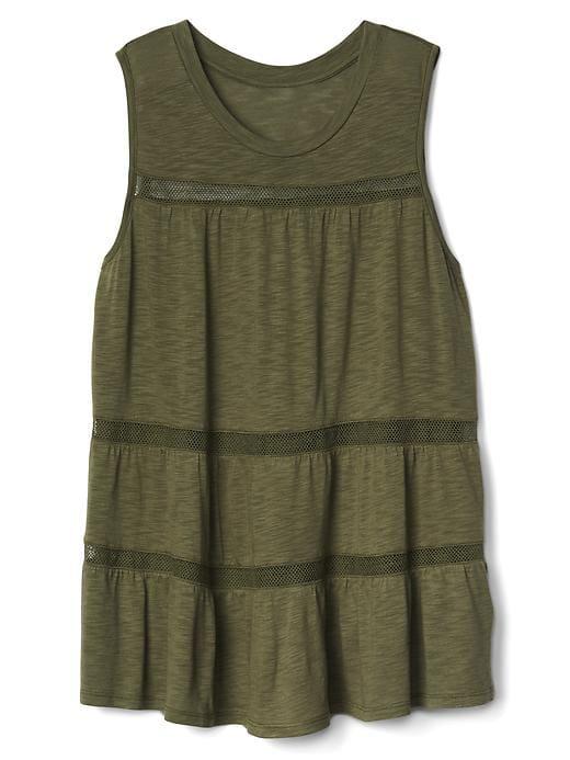 Gap Women Mesh Trim Shirred Tank - Army Jacket Green