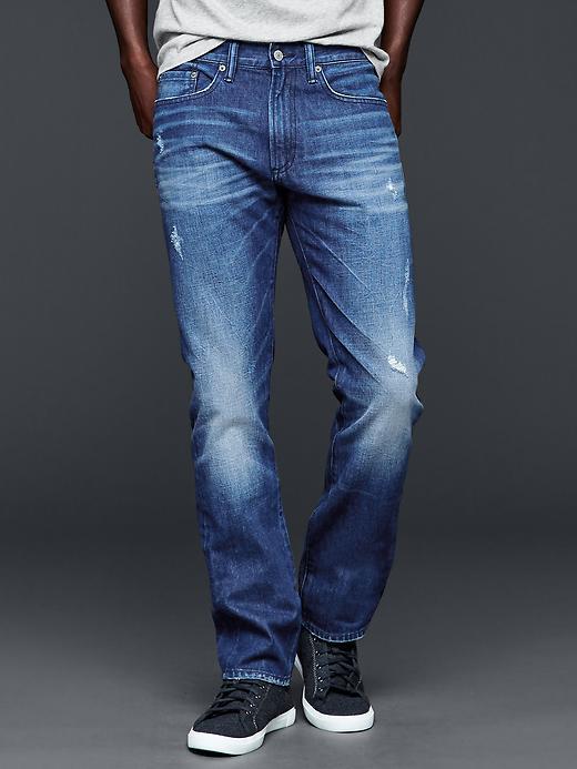 Gap Men 1969 Slim Fit Jeans Bright Broken Blue Distressed Wash - Bright Broken Blue Distressed