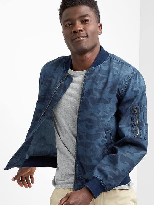 Gap Men Denim Camo Bomber Jacket - Blue Camo