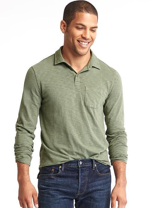 Gap Men Slub Long Sleeve Polo - Desert Cactus