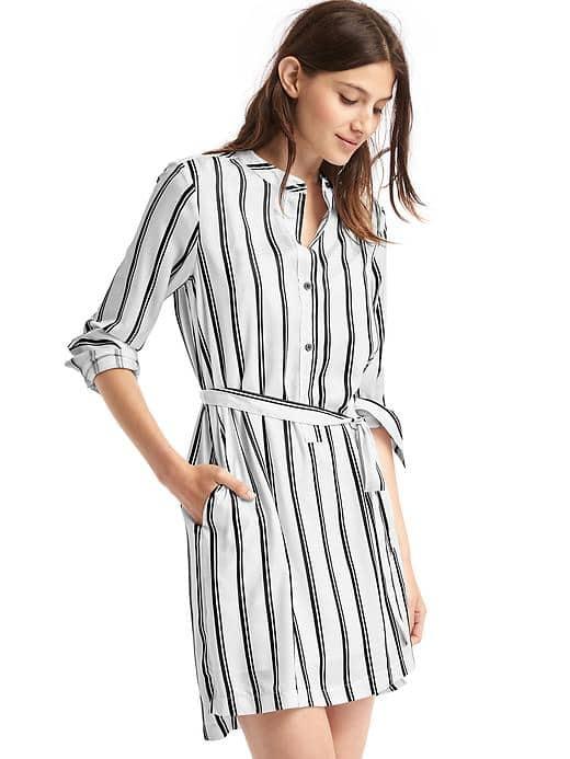 Gap Women Printed Tie Belt Long Sleeve Shirtdress - White & Black Stripe
