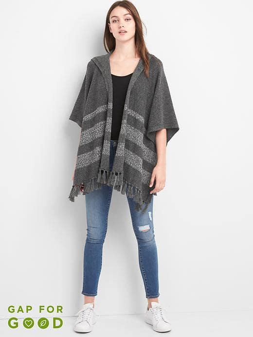Gap Women Fringe Hooded Poncho - Charcoal Heather