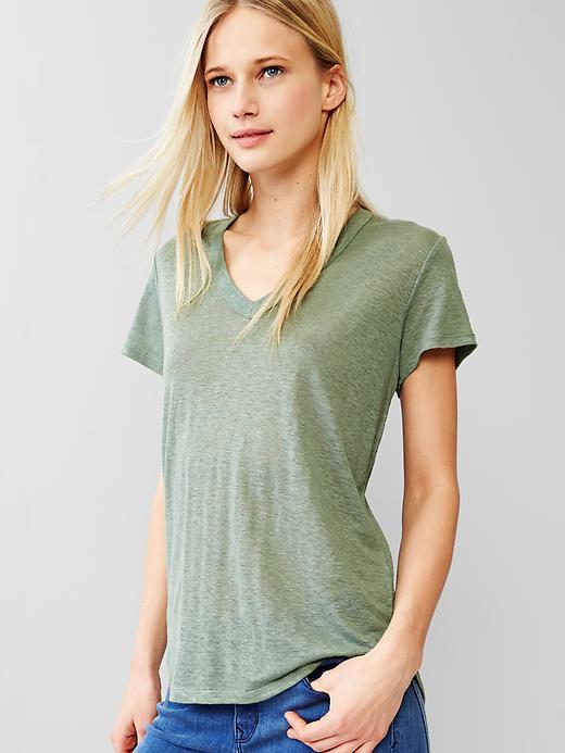 Gap V Neck Linen Tee - Gasoline Green