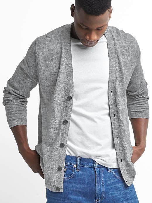 Gap Men Cotton Linen V Neck Cardigan - New Heather Grey