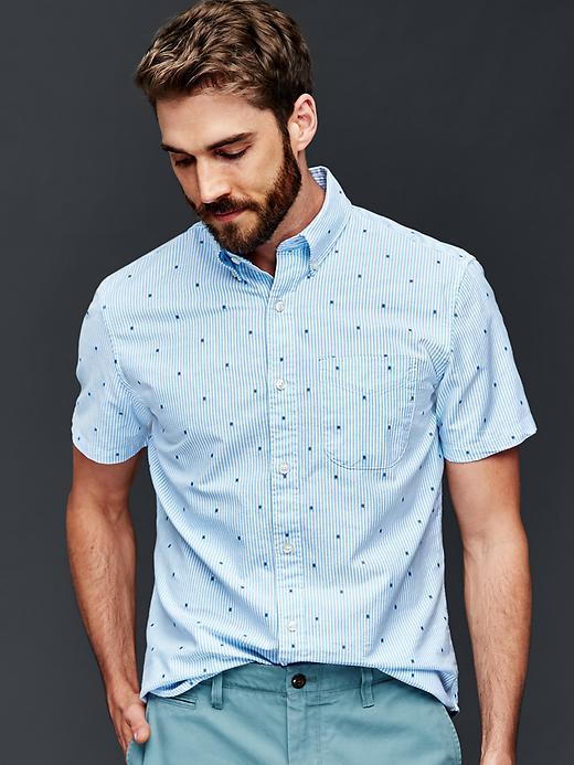 Gap Men Oxford Bengal Stripe Short Sleeve Standard Fit Shirt - Cyan Blue
