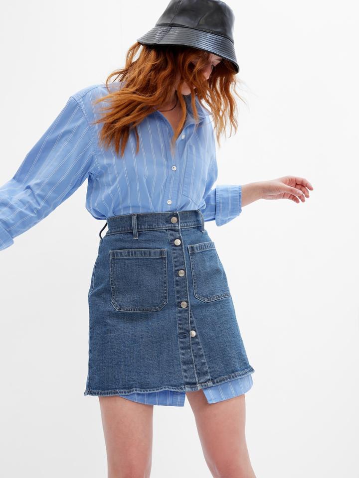 Patch Pocket Denim Mini Skirt With Washwell
