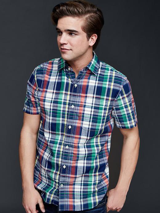 Gap Men Madras Plaid Standard Fit Shirt - Comet Blue