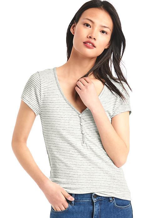 Gap Women Stripe Short Sleeve Feather Henley - Grey Stripe