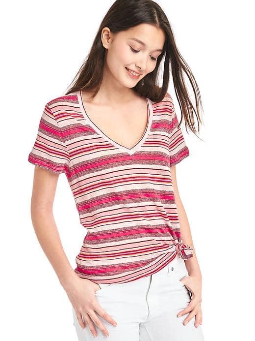 Gap Women Linen V Neck Slim Tee - Pink Stripe