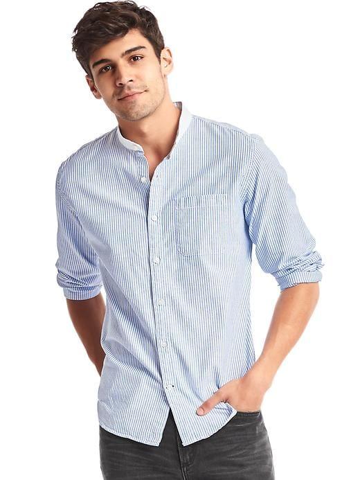 Gap Men Oxford Bengal Stripe Band Collar Standard Fit Shirt - Blue Allure