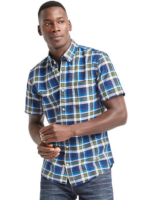 Gap Men Oxford Plaid Short Sleeve Standard Fit Shirt - Loden