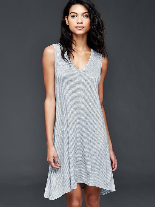 Gap Women V Neck Stripe Swing Dress - Heather Grey Stripe