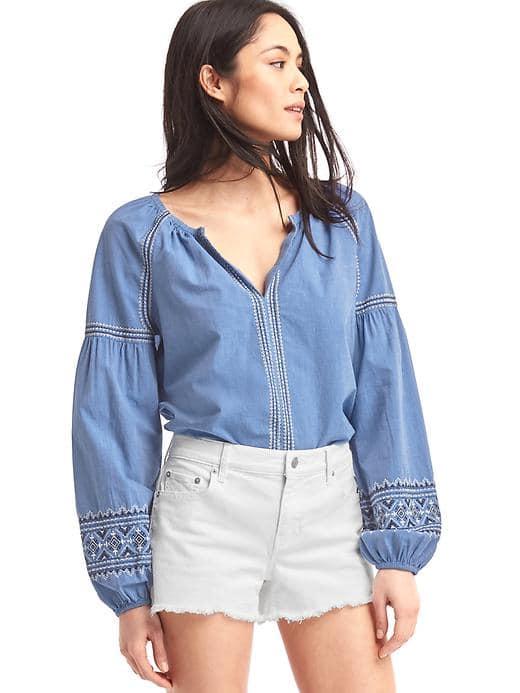 Gap Women Embroidery Split Neck Top - Blue