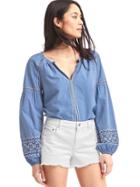 Gap Women Embroidery Split Neck Top - Blue