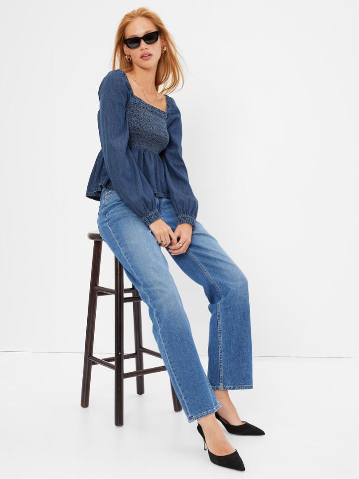 Denim Smocked Peplum Top With Washwell
