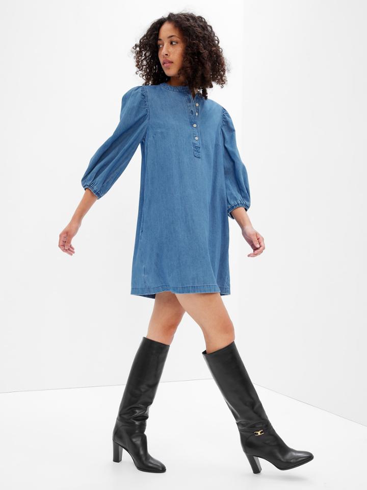 Denim Popover Mini Dress With Washwell