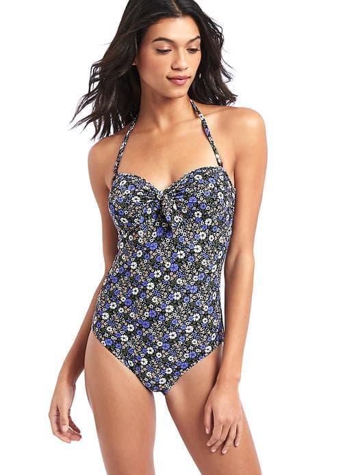Gap Women Floral Tie Front Swim One Piece - Black Print