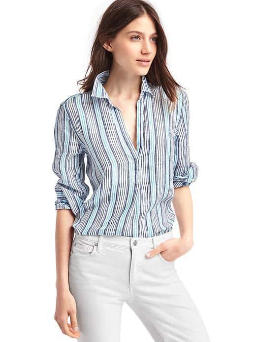 Gap Women Linen Stripe Popover Tunic - Turquoise Stripe