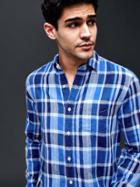 Gap Men Linen Cotton Plaid Standard Fit Shirt - Deep Cobalt