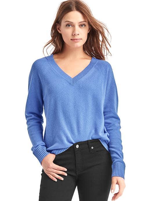 Gap Women Wool Cashmere Blend V Neck Sweater - Blue Heather