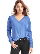 Gap Women Wool Cashmere Blend V Neck Sweater - Blue Heather