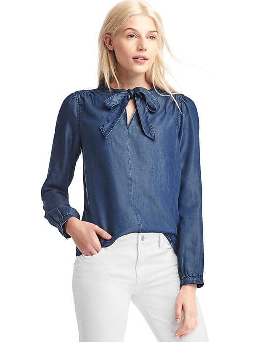 Gap Women Denim Tie Neck Top - Dark Indigo
