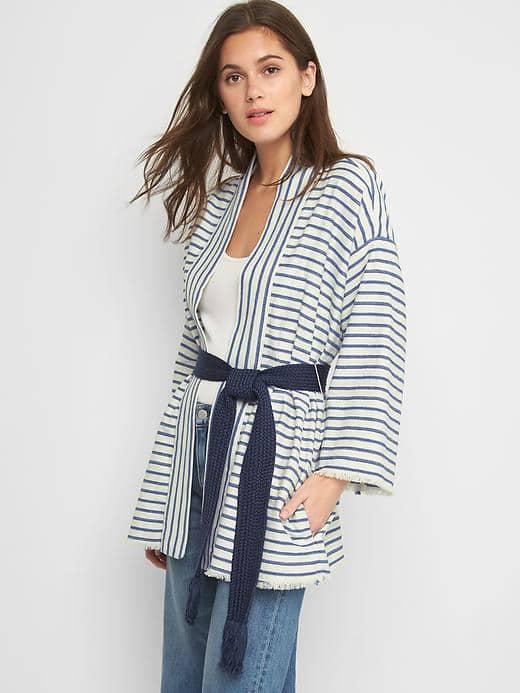 Gap Women Cotton Linen Stripe Wrap Jacket - Blue Stripe