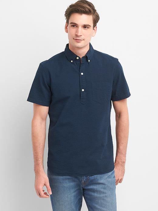 Gap Seersucker Short Sleeve Popover Shirt - Navy