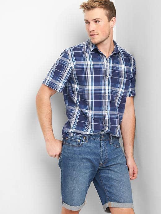 Gap Men Madras Plaid Short Sleeve Short - Navy Plaid