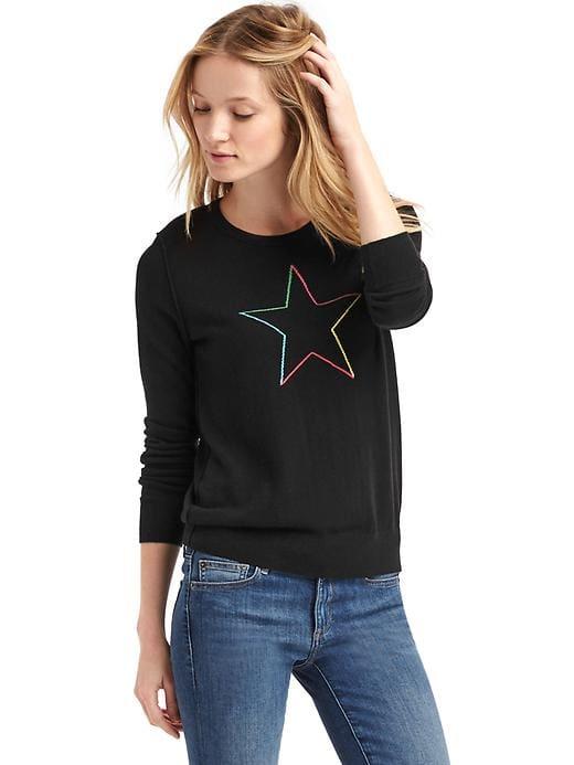 Gap Women Intarsia Rainbow Star Crewneck Sweater - True Black
