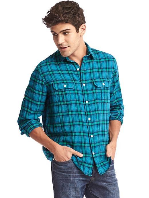 Gap Men Crinkle Cotton Plaid Standard Fit Shirt - Electric Jade