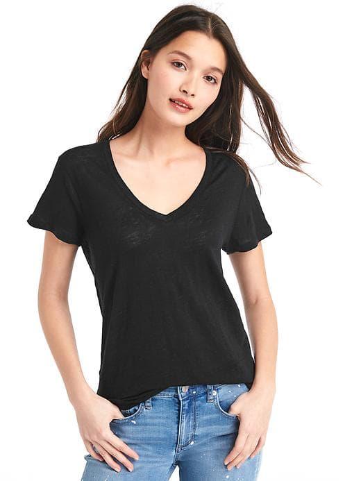 Gap Women Linen V Neck Tee - True Black
