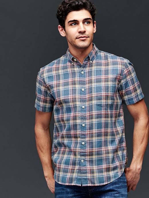 Gap Men Twill Plaid Short Sleeve Standard Fit Shirt - Chrome Blue